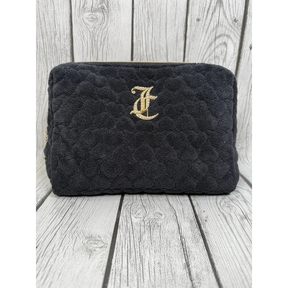 Juicy Couture Black Velour Cosmetic Bag Y2K Gothic JC Monogram Makeup Pouch